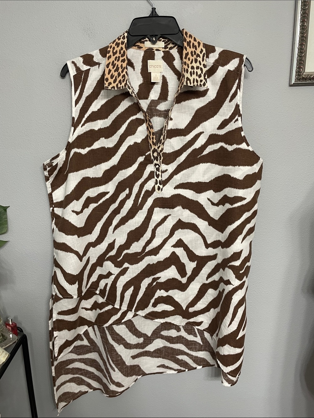 Chico’s Linen Zebra Leopard Print Sleeveless Tunic Top Size 3 XL